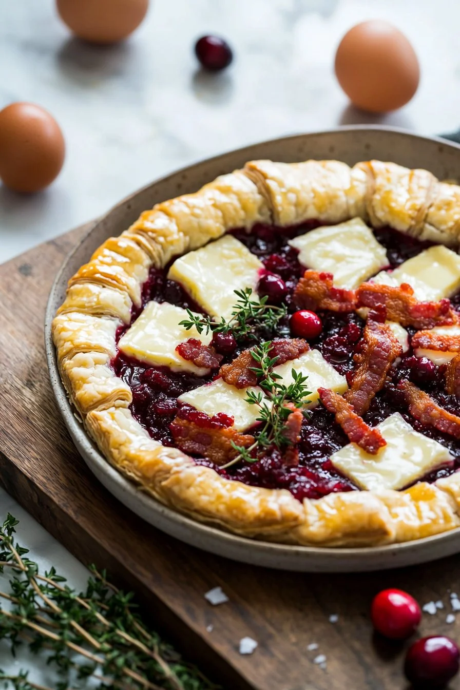 Cranberry Brie Tart topped with beef bacon and thyme, ready to serve.
