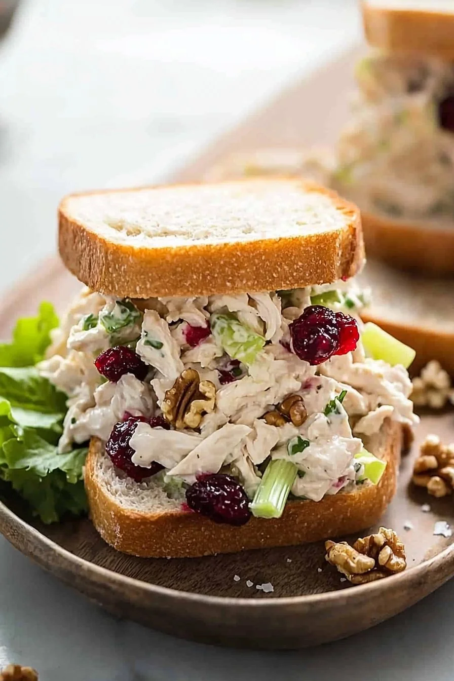 Cranberry Chicken Salad Tea Sandwiches served on a platter