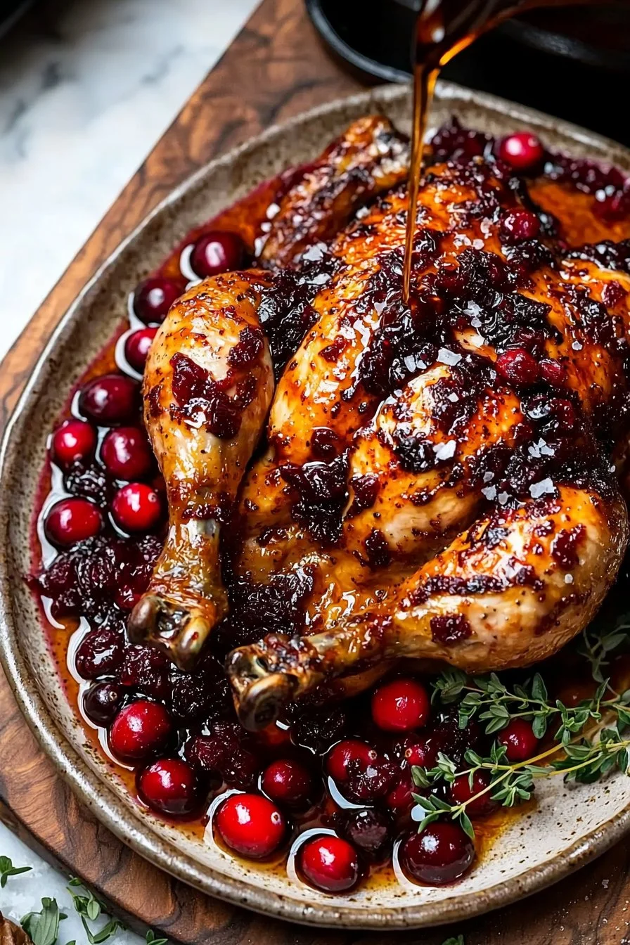 Delicious Cranberry Maple Roast Chicken garnished with fresh herbs and cranberries