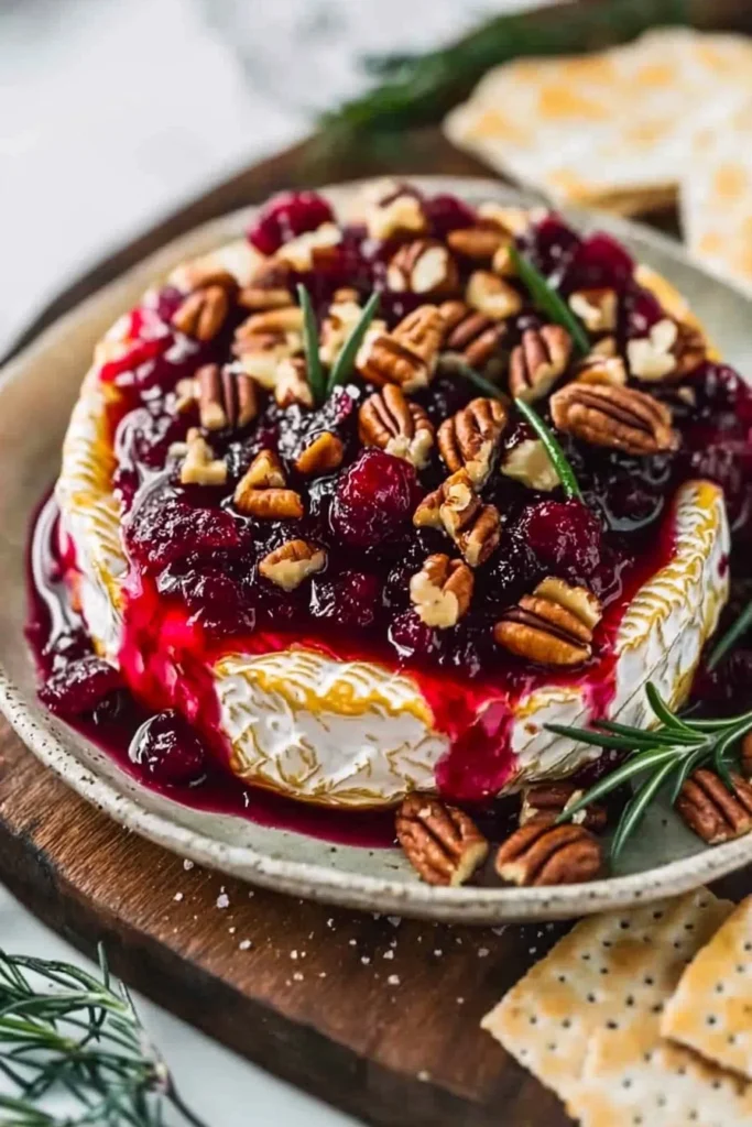 Cranberry Pecan Baked Brie served with crackers and garnished with pecans