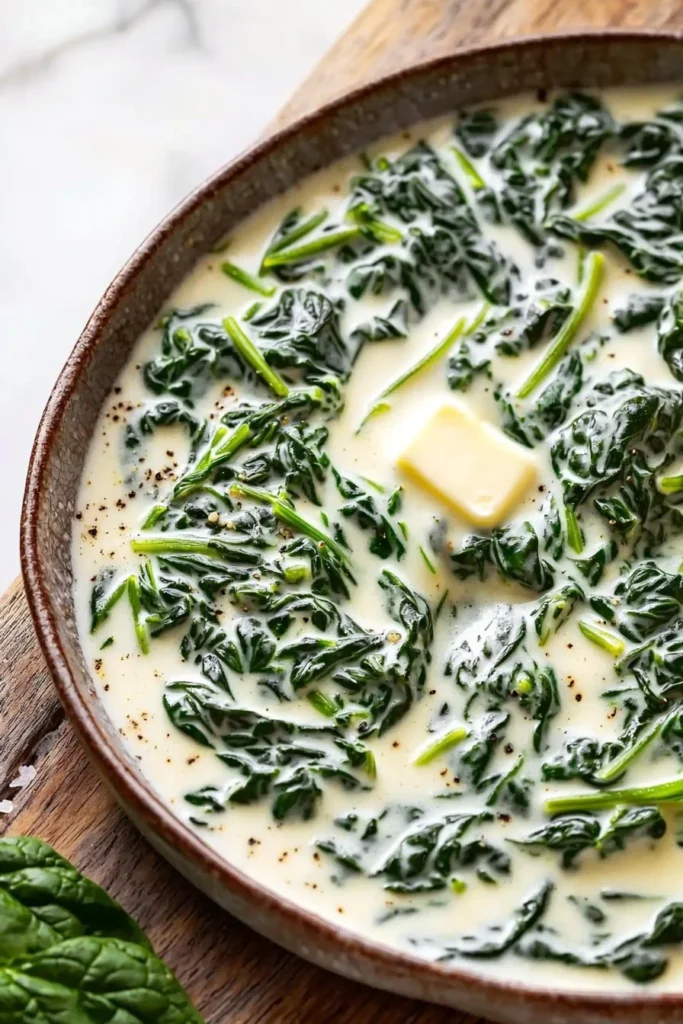 Creamed spinach served in a bowl, showcasing its rich and creamy texture.