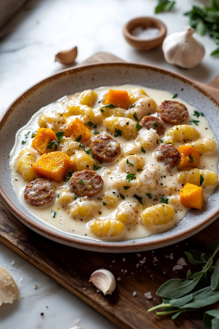 Creamy butternut squash gnocchi topped with chicken sausage in a bowl