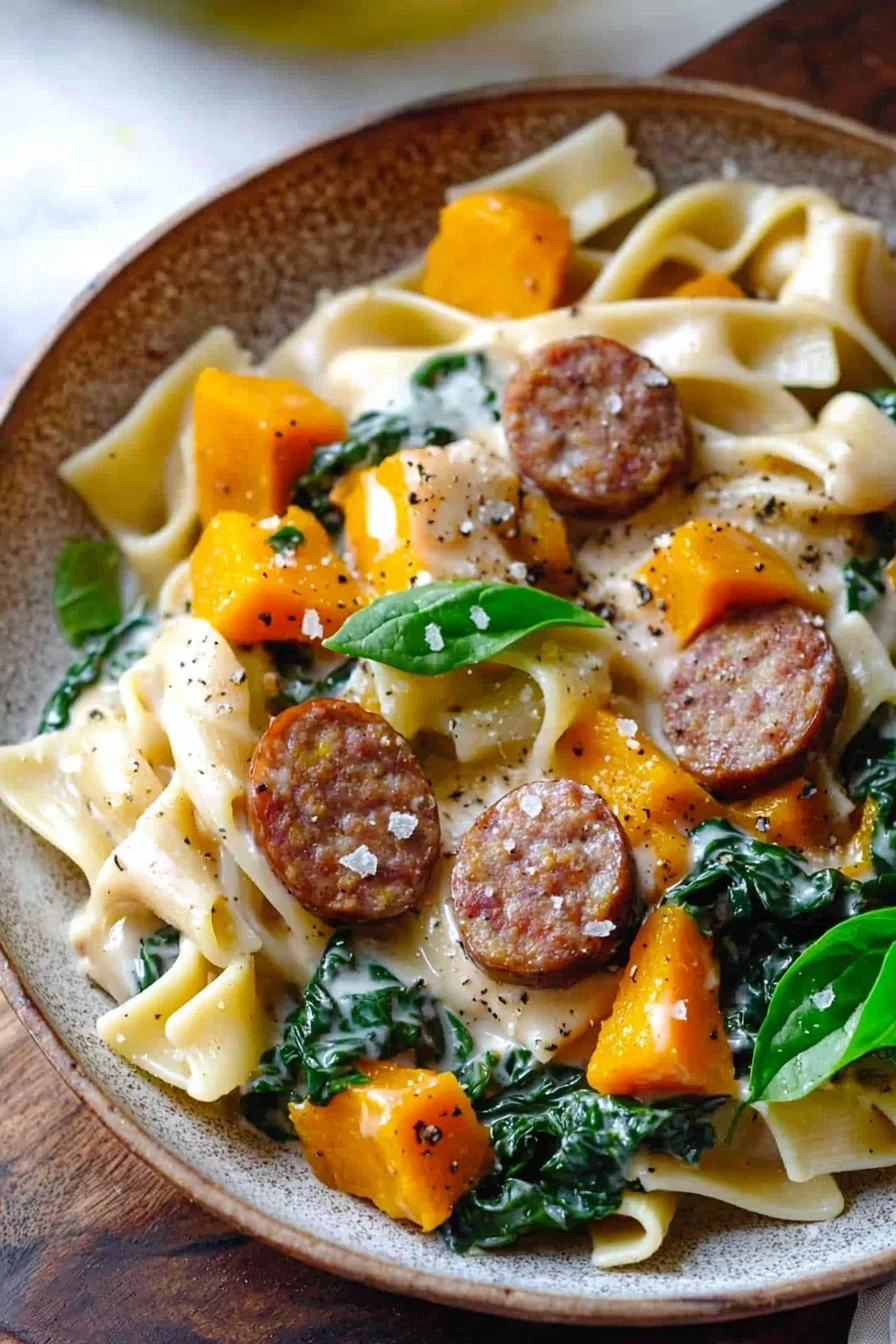 Creamy Butternut Squash Pasta with Beef Sausage and Spinach