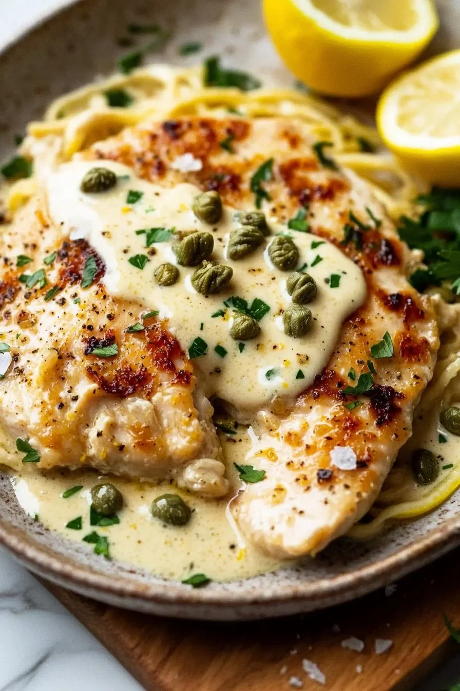 Creamy lemon chicken piccata dish served with fresh lemon slices and parsley