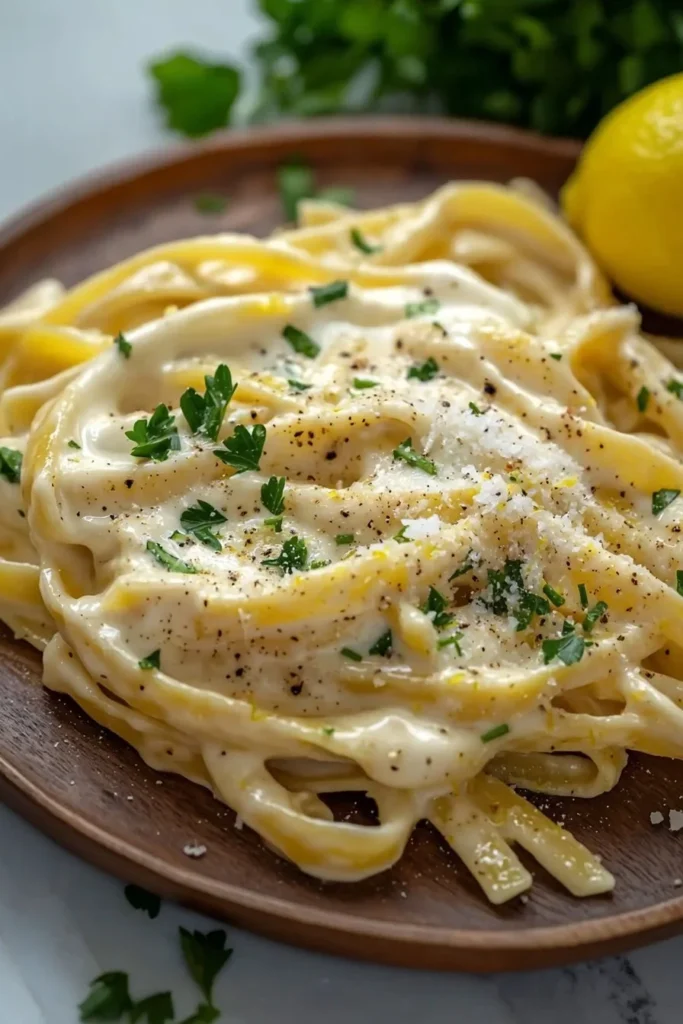 Bowls of creamy lemon pasta garnished with herbs and lemon zest