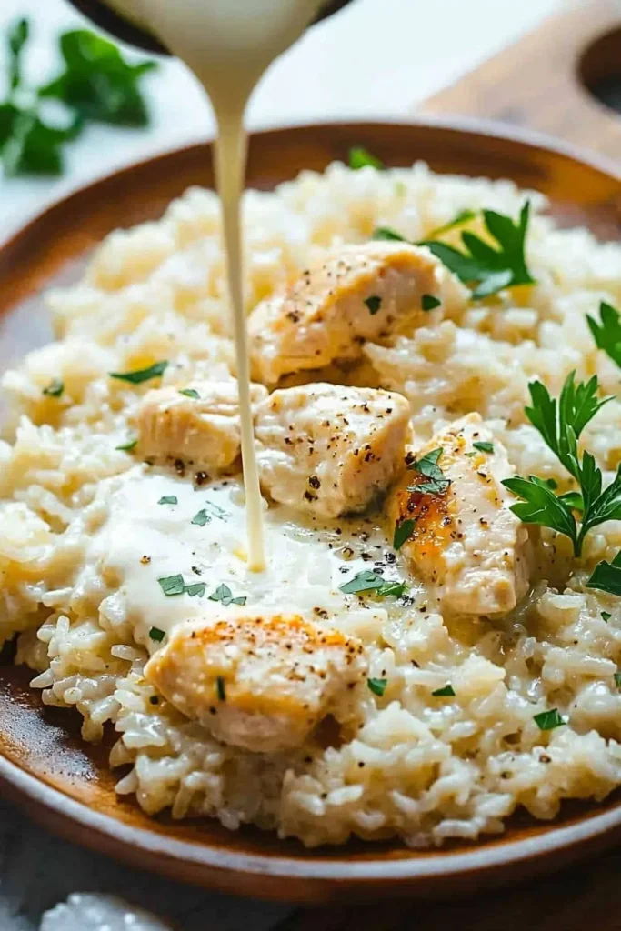 Creamy Parmesan Chicken served with rice in a comforting dish