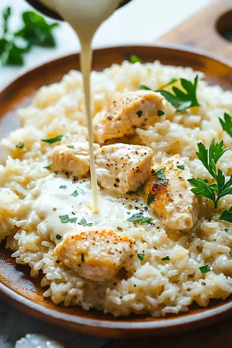 Creamy Parmesan Chicken served with rice in a comforting dish