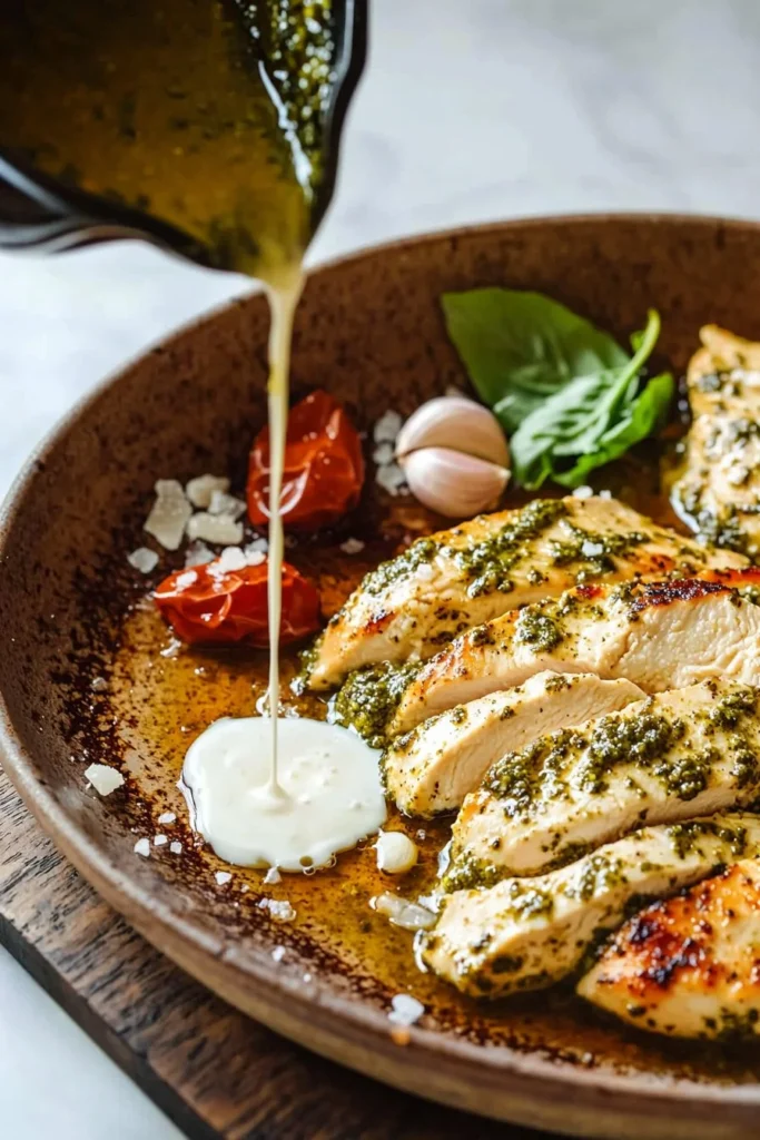 Creamy pesto chicken served with fresh basil and pasta