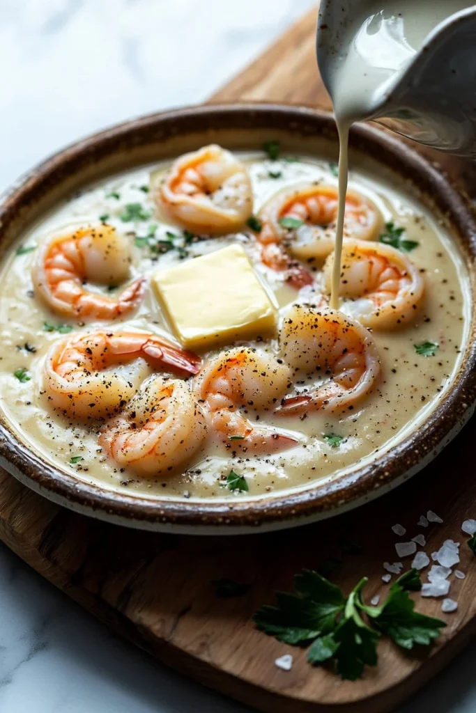 Creamy shrimp bisque served in a bowl garnished with herbs
