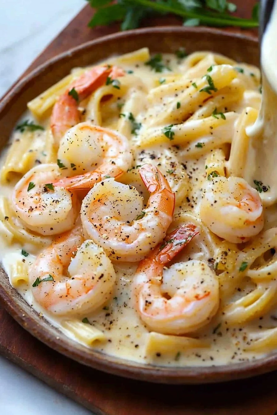 Creamy shrimp pasta garnished with herbs in a white bowl