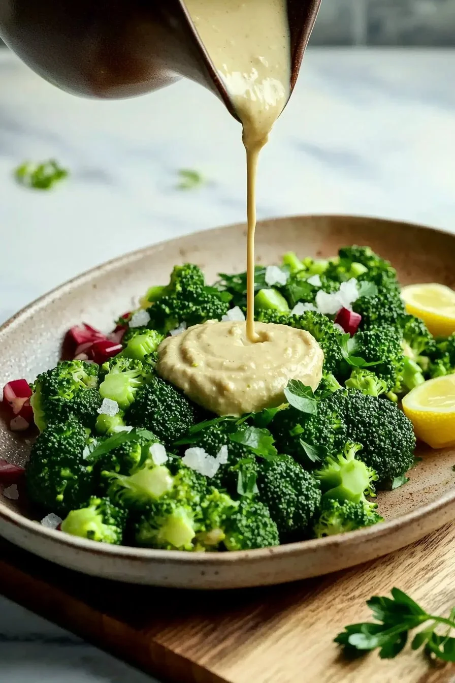 Creamy Tahini Broccoli Salad with dressing and fresh ingredients