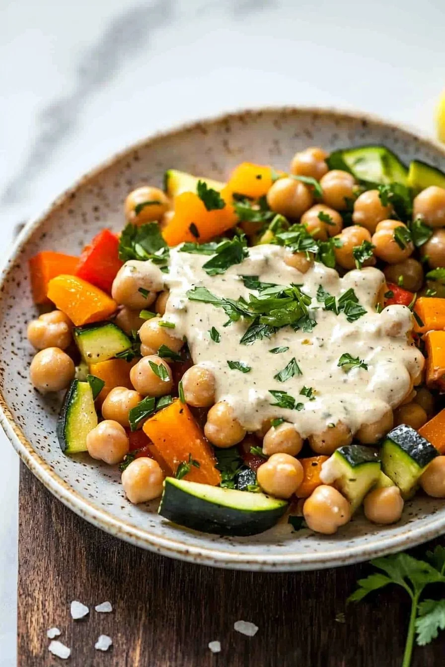 Creamy tahini chickpeas served with fresh vegetables