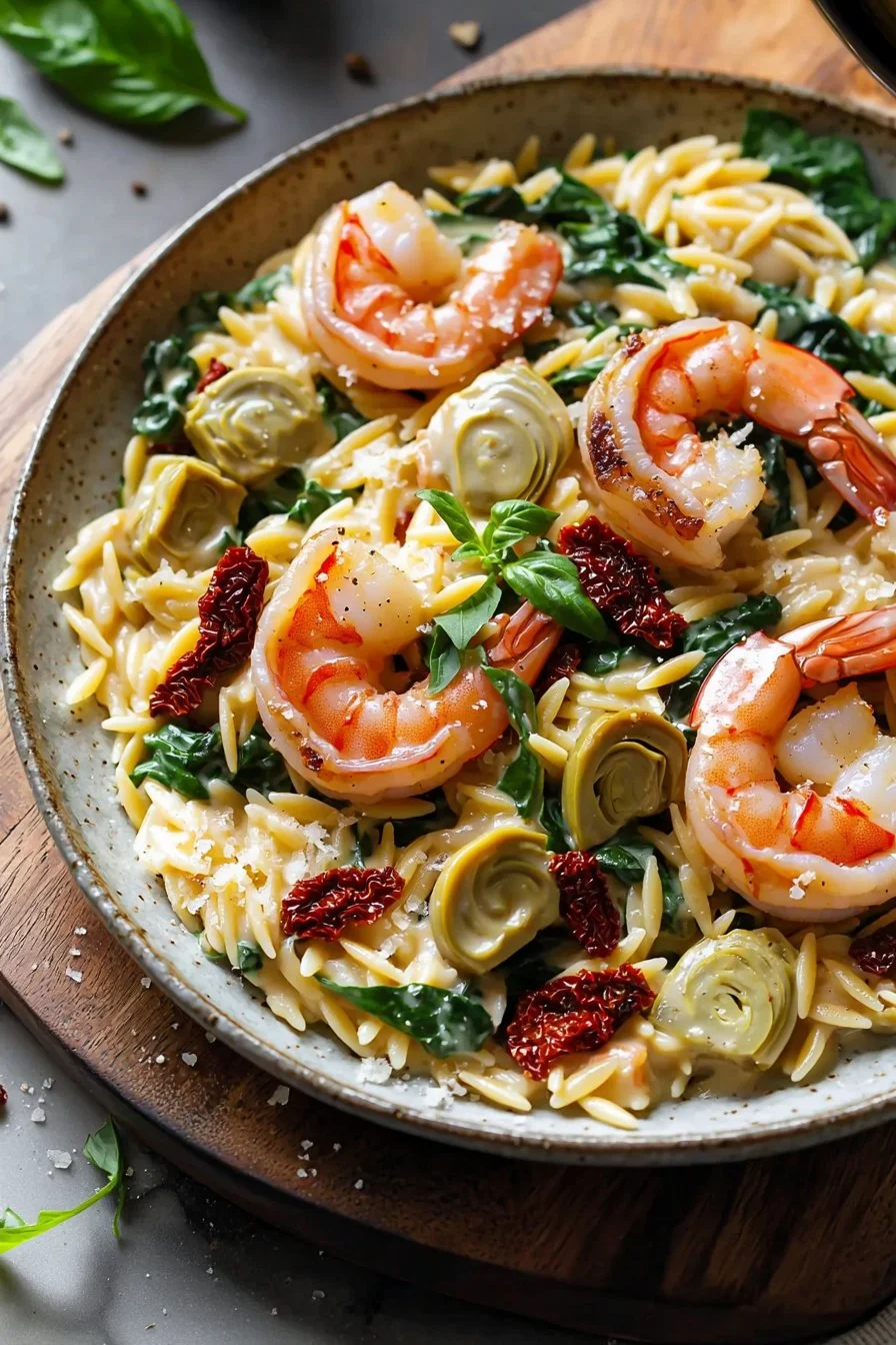 Creamy Tuscan shrimp orzo featuring succulent shrimp and rich sauce