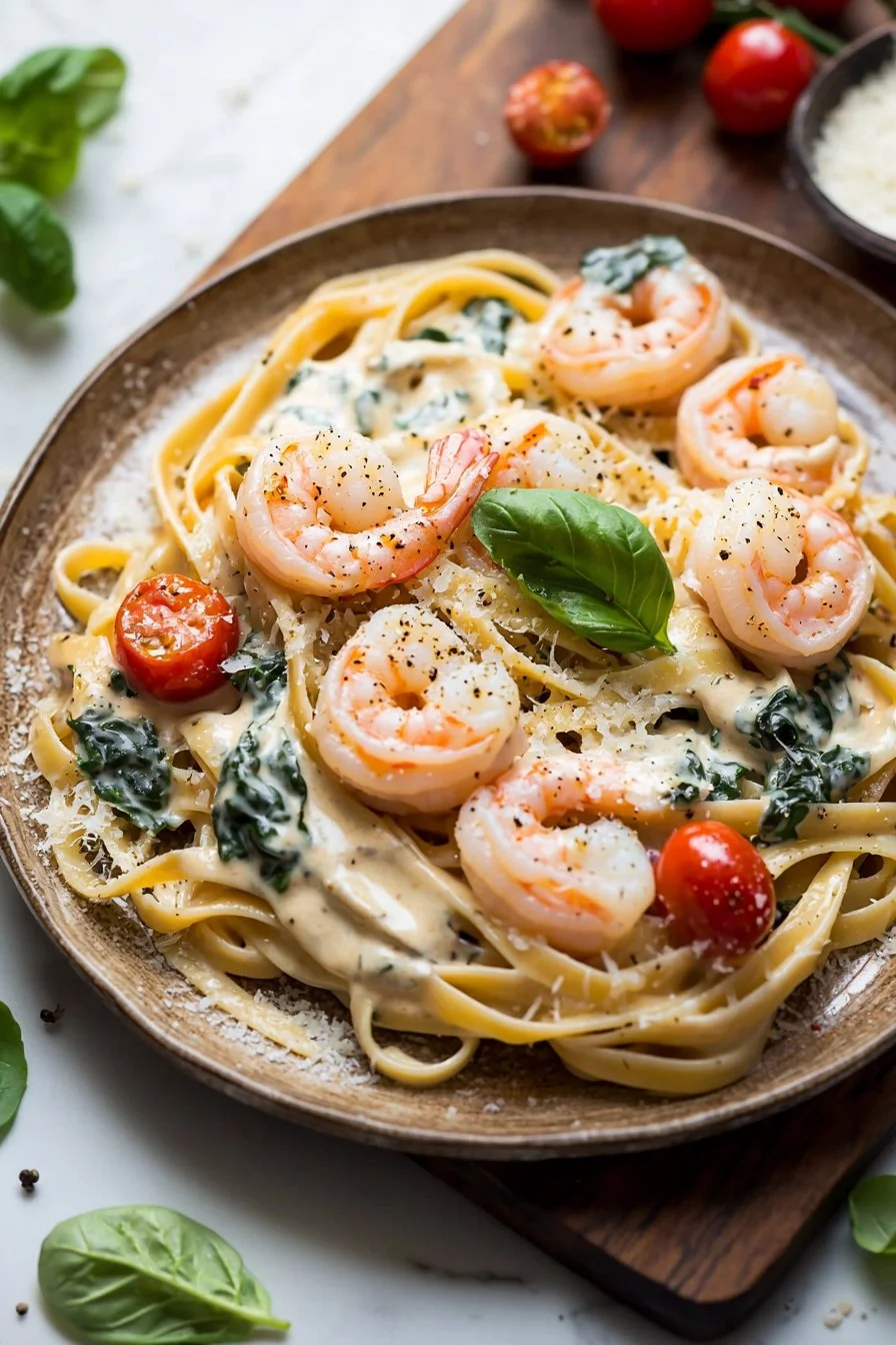 Creamy Tuscan shrimp pasta served with fresh herbs and garlic
