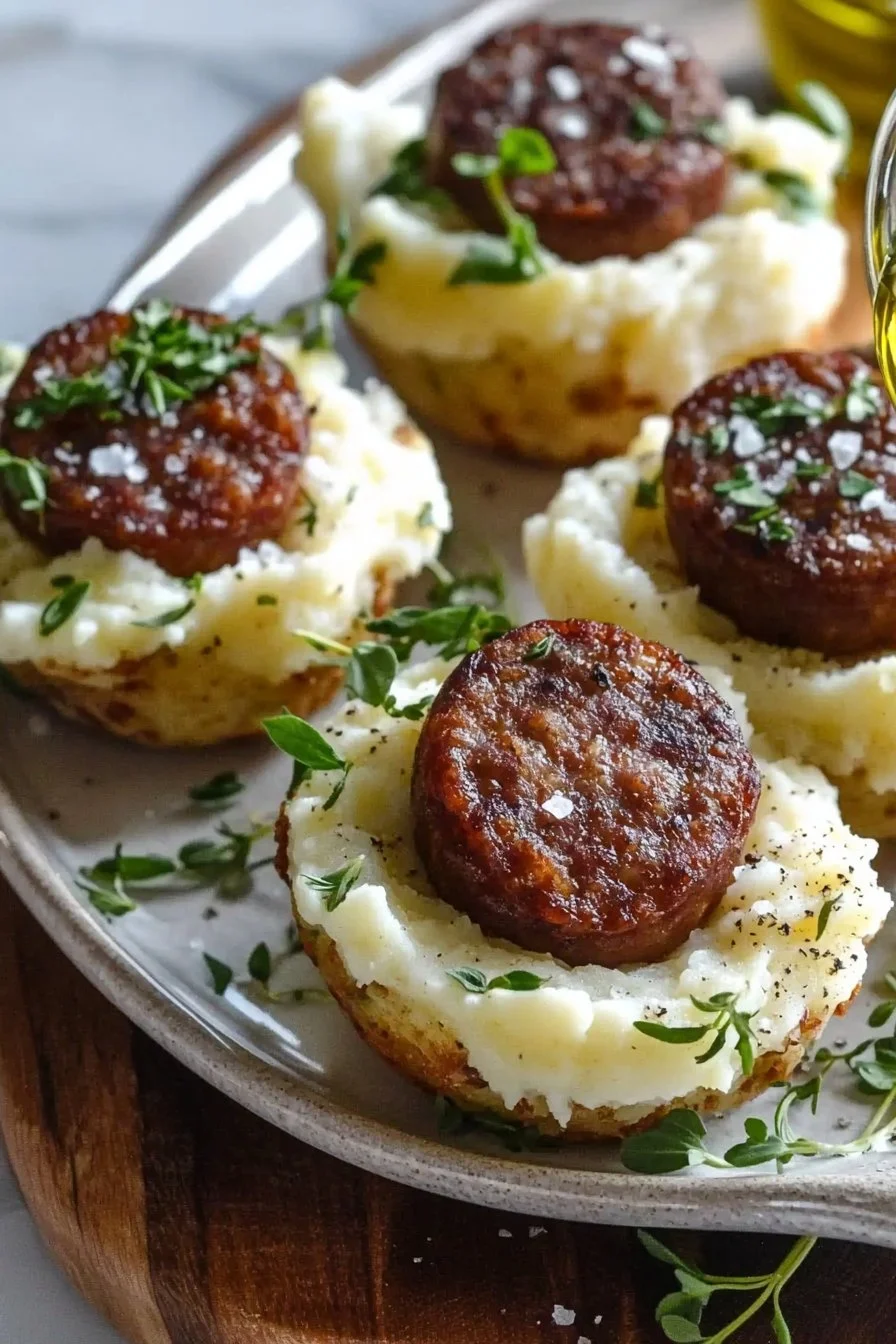 Crispy beef sausage and mash cups served on a plate, showcasing comfort food.