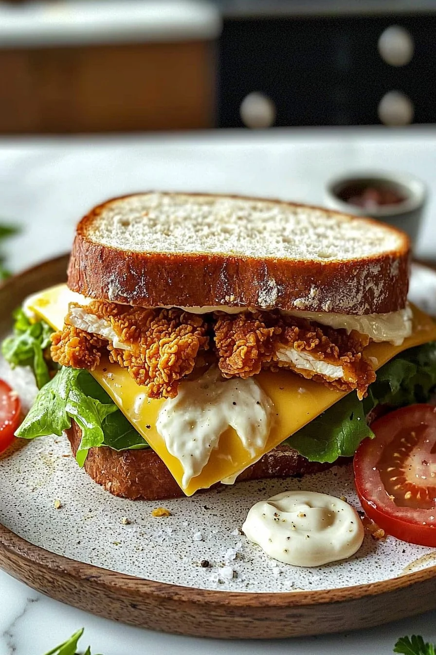Crispy chicken and cheese sandwich with fresh toppings on a wooden table