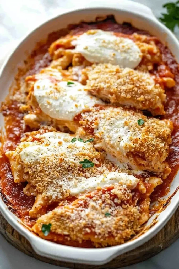 Crispy chicken parmesan casserole served with fresh herbs and cheese.