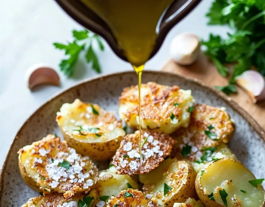 Crispy garlic parmesan smashed potatoes garnished with herbs.