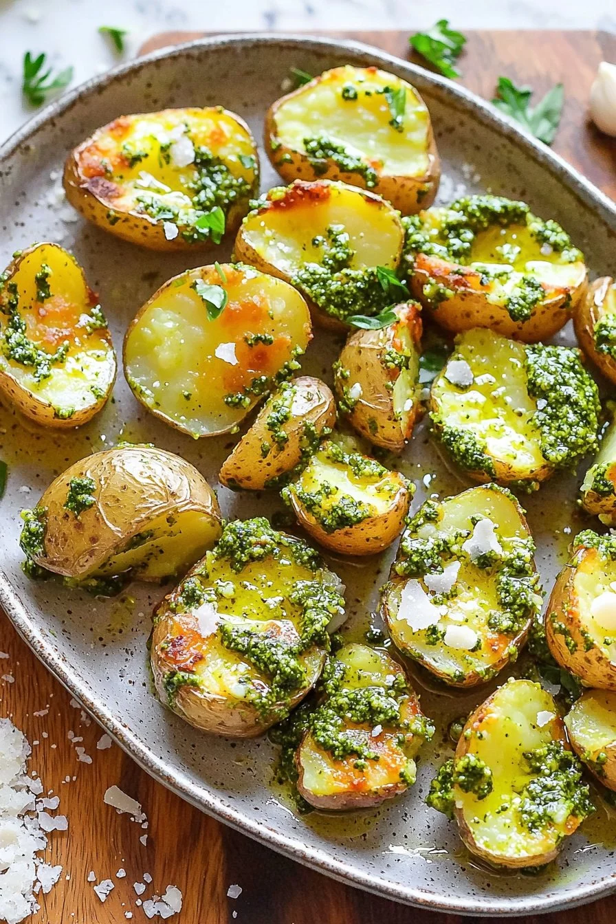 Crispy Smashed Potatoes with Garlic Pesto