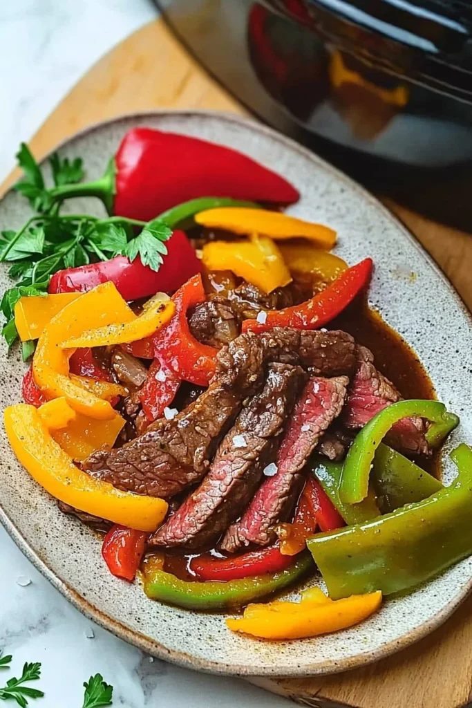 Crock Pot pepper steak with colorful peppers and tender beef served in a bowl