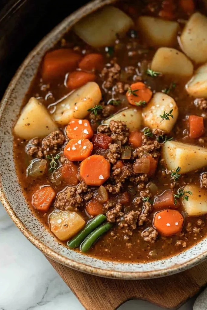 Bowl of Crock Pot Poor Man's Stew with vegetables and meat