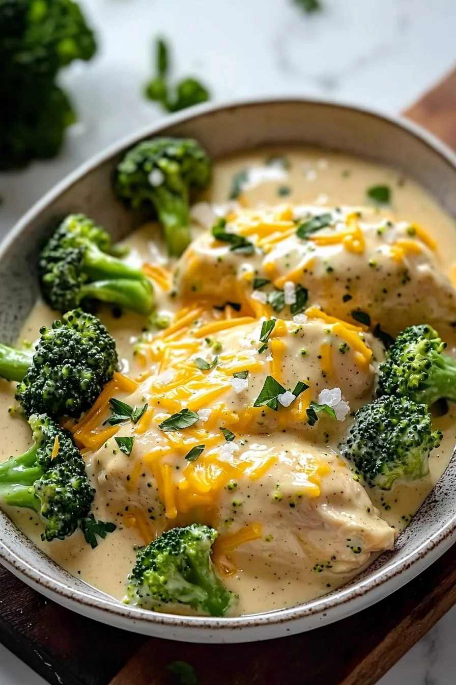 Crockpot Creamy Broccoli Cheddar Chicken served in a bowl