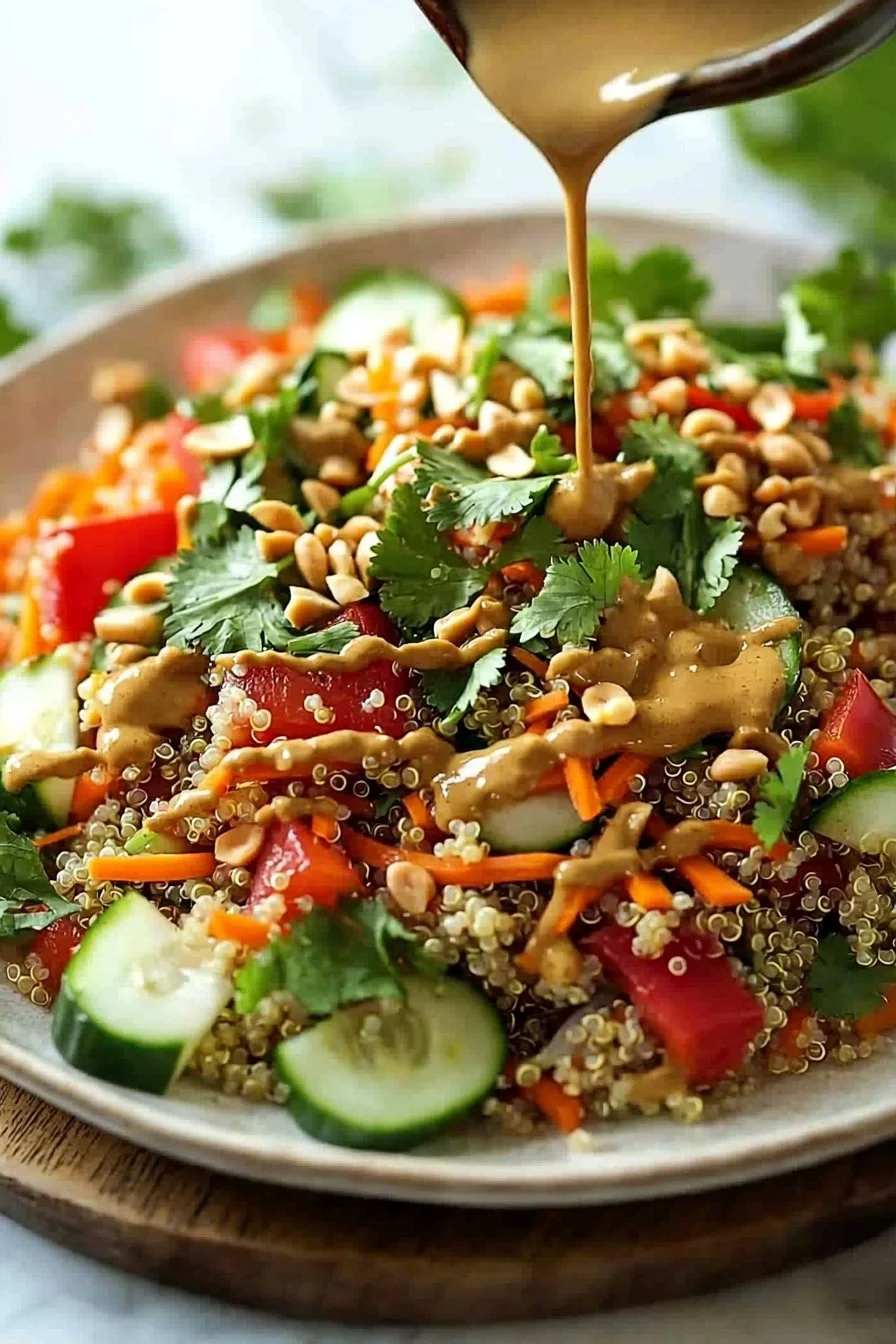 Crunchy Thai quinoa salad topped with fresh vegetables and peanut dressing