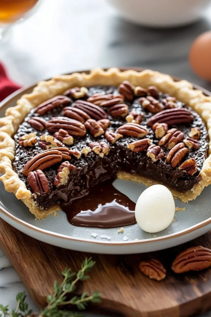 Slice of decadent chocolate pecan pie topped with pecans and chocolate drizzle
