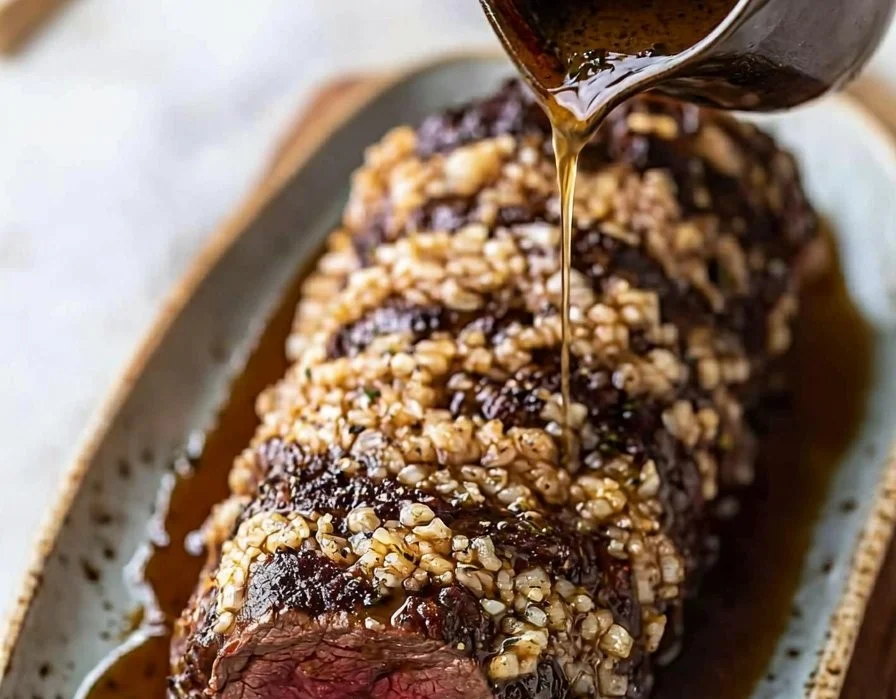 Delicious beef tenderloin roast served with seasonal vegetables