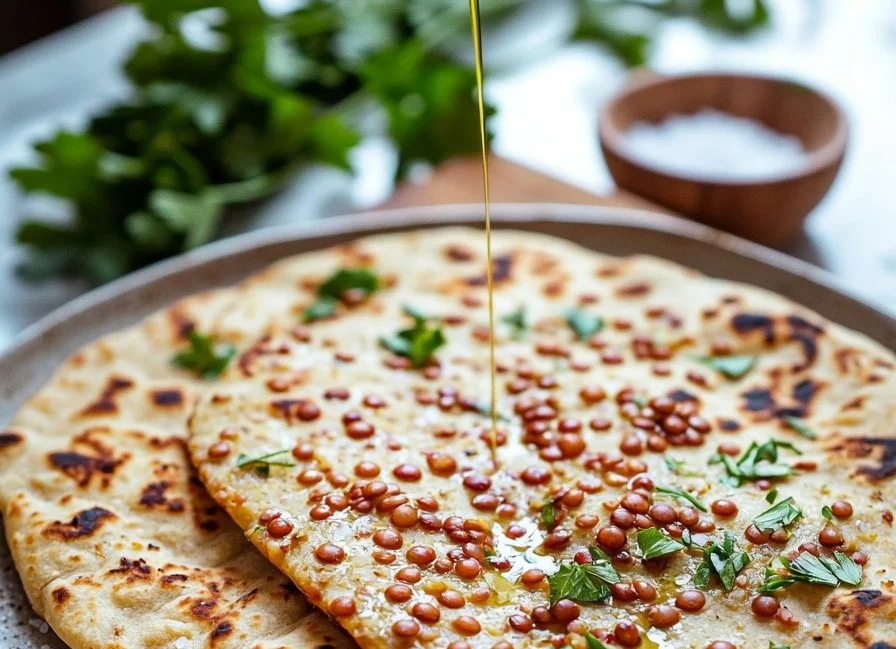 Homemade red lentil flatbread served with fresh herbs and spices.