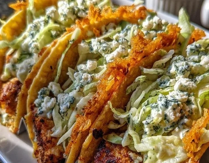 Dill Pickle Ranch Smash Chicken Tacos served on a plate