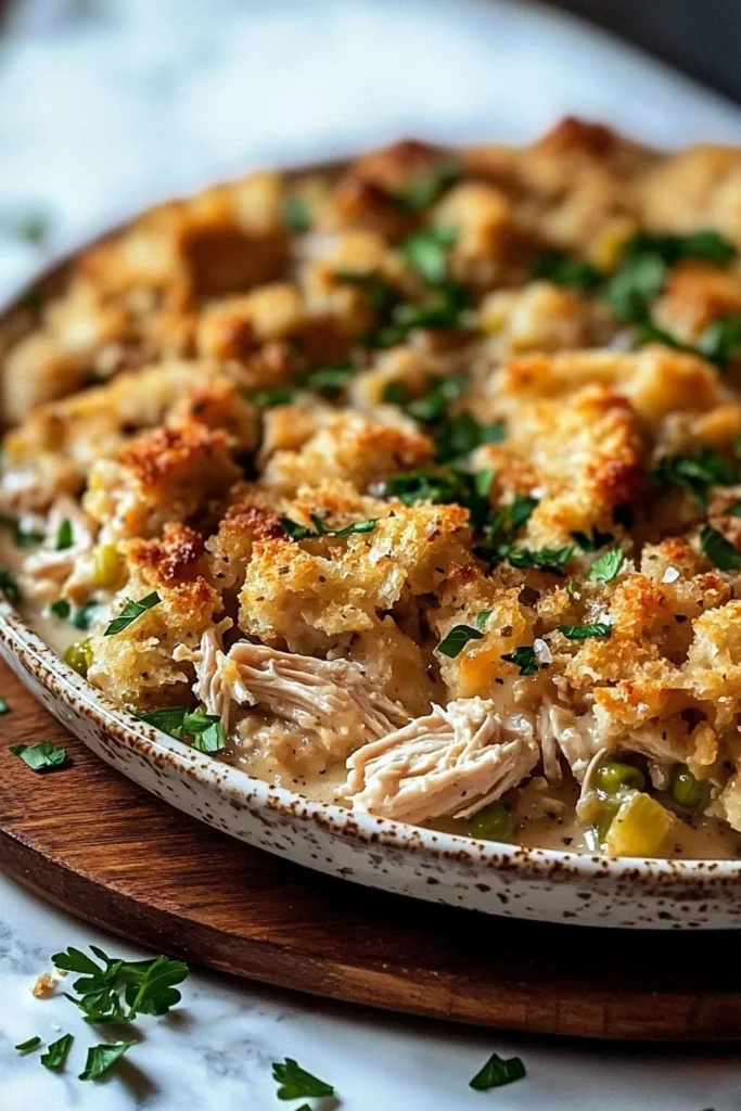 Dolly's Chicken & Stuffing Casserole dish served hot