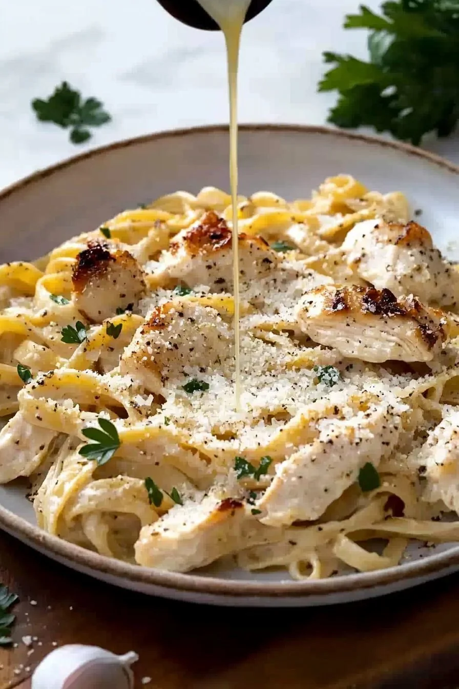 Plate of Easy Chicken Garlic Parmesan Pasta garnished with parsley