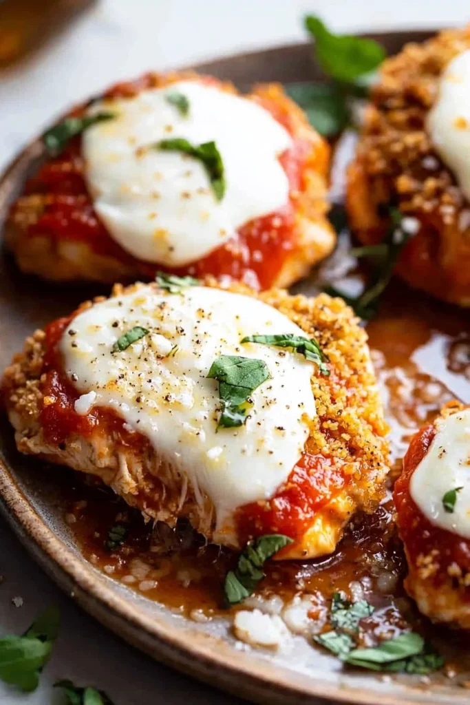 Delicious Easy Chicken Parmesan with crispy coating and marinara sauce