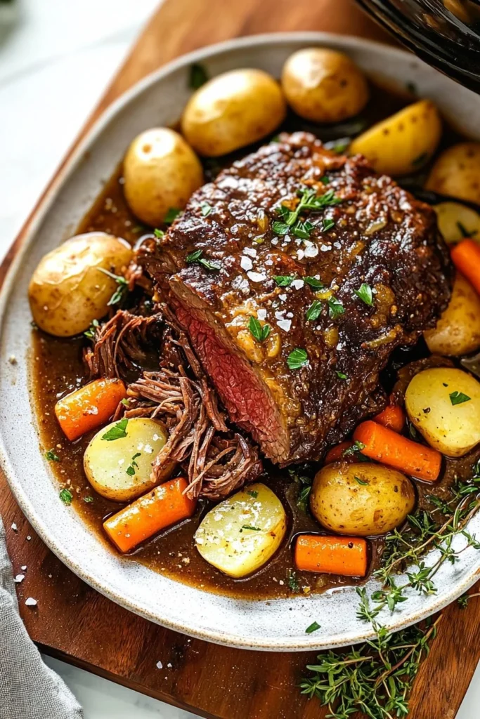 Delicious easy crock pot pot roast served with vegetables.
