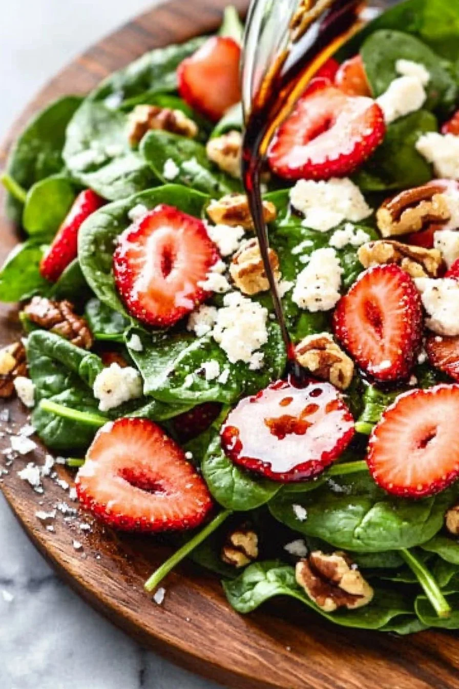 Delicious homemade strawberry spinach salad topped with nuts and dressing