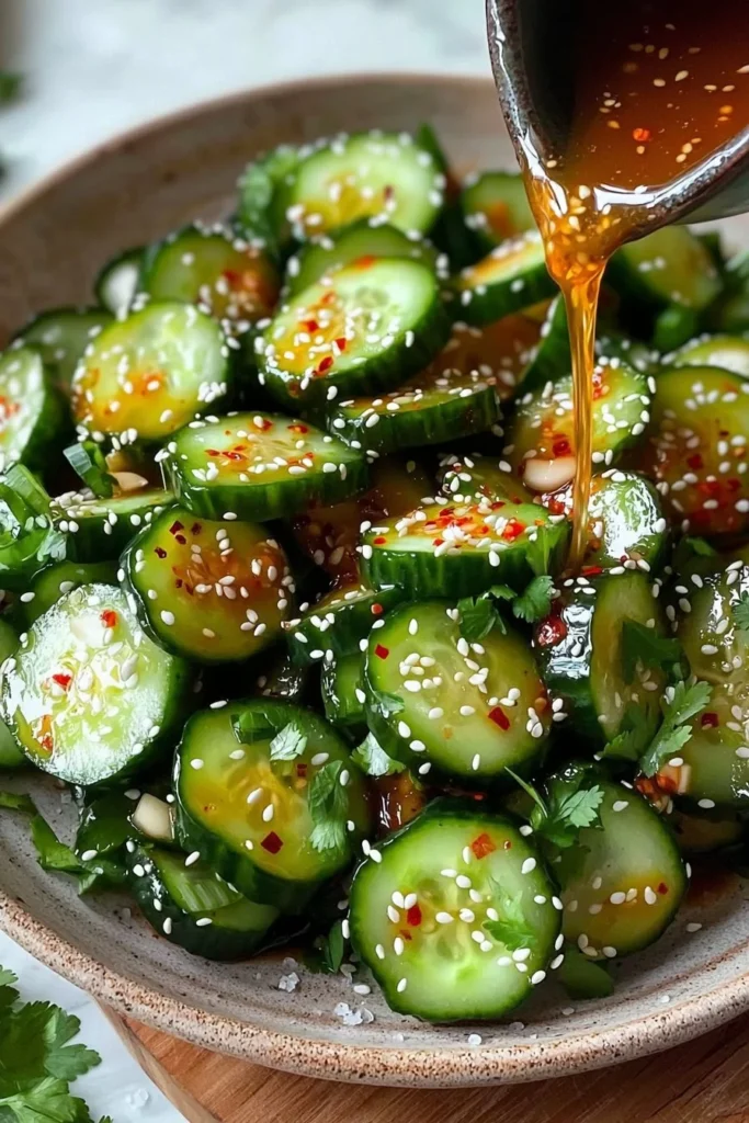Easy Korean Cucumber Salad garnished with sesame seeds in a bowl