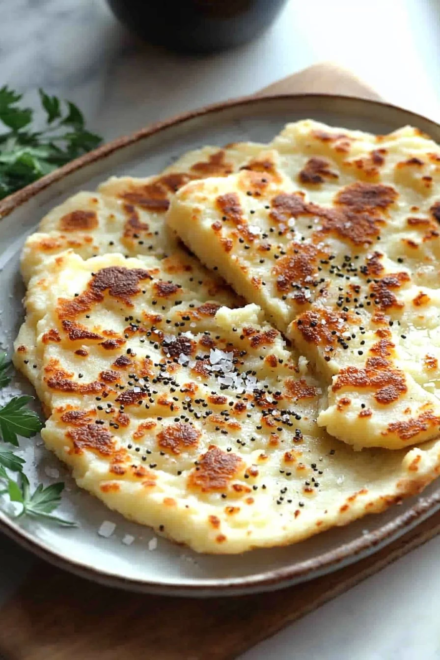 Delicious easy mashed potato flatbread served on a wooden board.