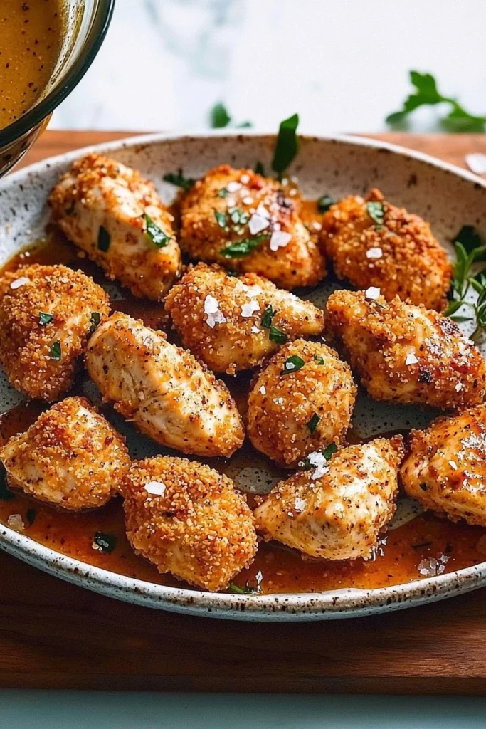 Delicious easy oven baked chicken bites served on a plate.