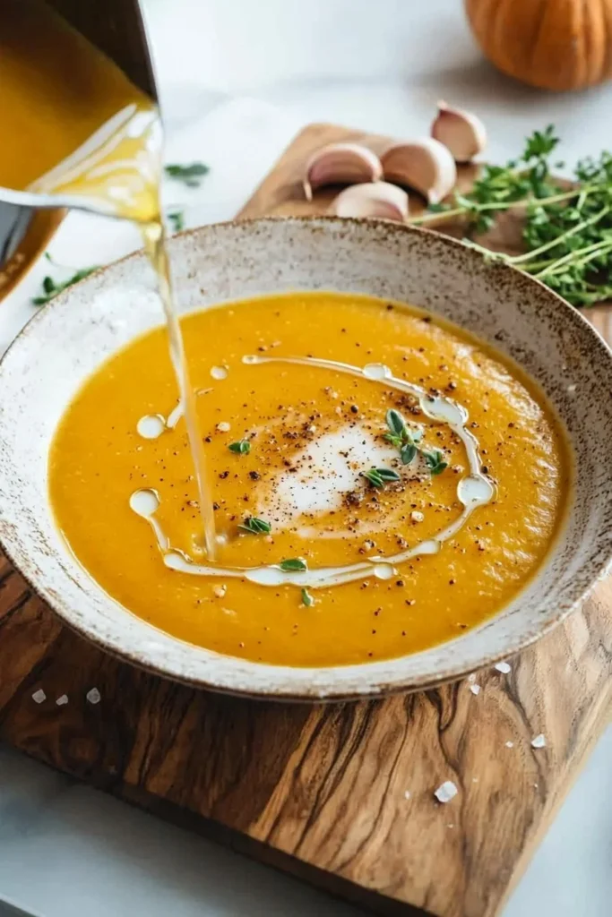 Bowl of easy pumpkin soup garnished with herbs and cream