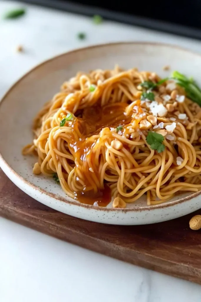 Bowl of easy spicy peanut noodles garnished with fresh cilantro and peanuts