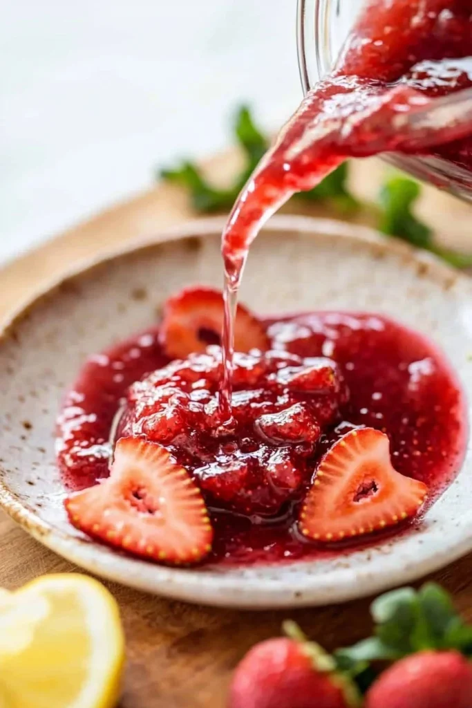Bowl of homemade easy strawberry jam on a table with fresh strawberries