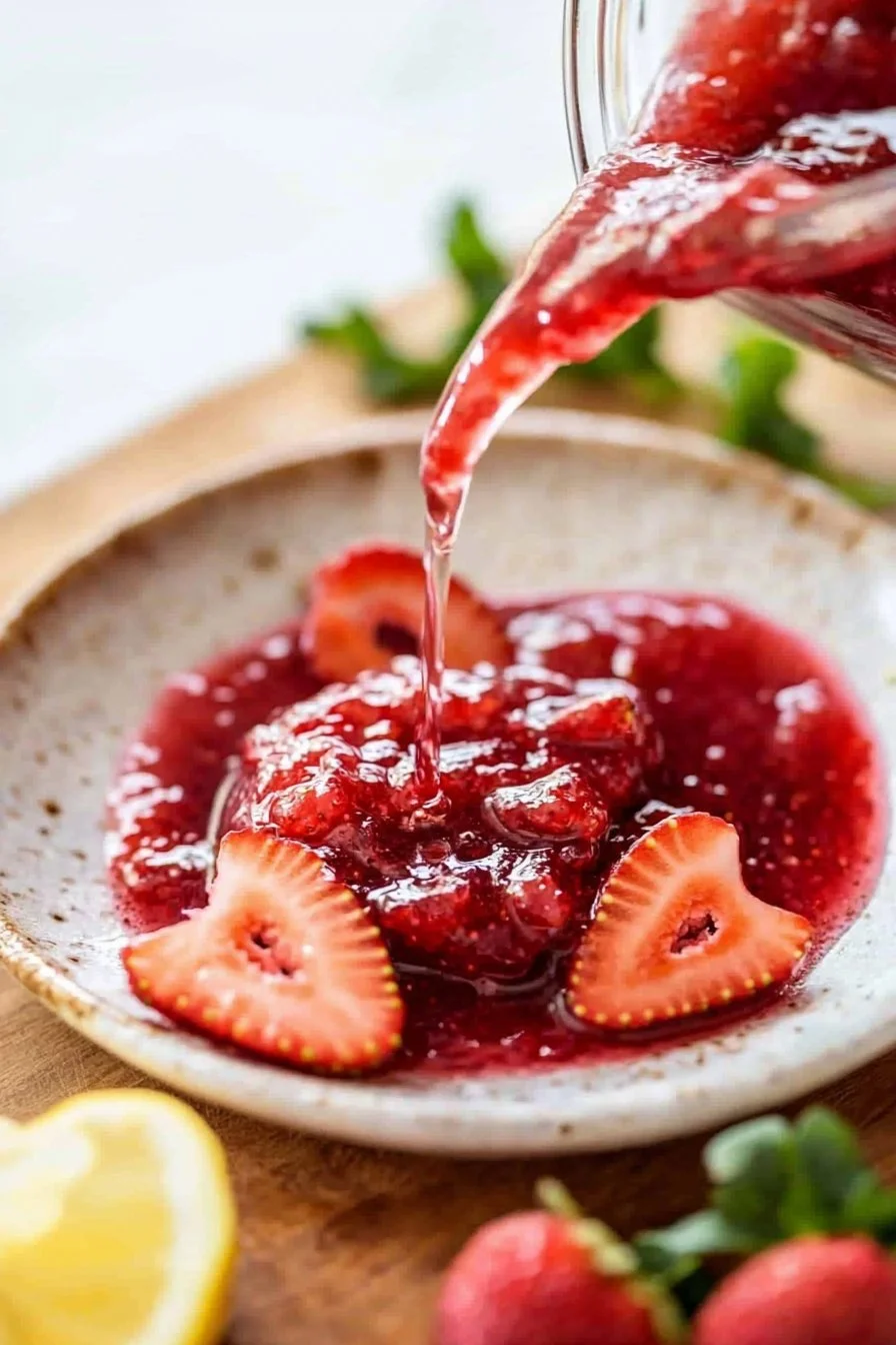 Bowl of homemade easy strawberry jam on a table with fresh strawberries