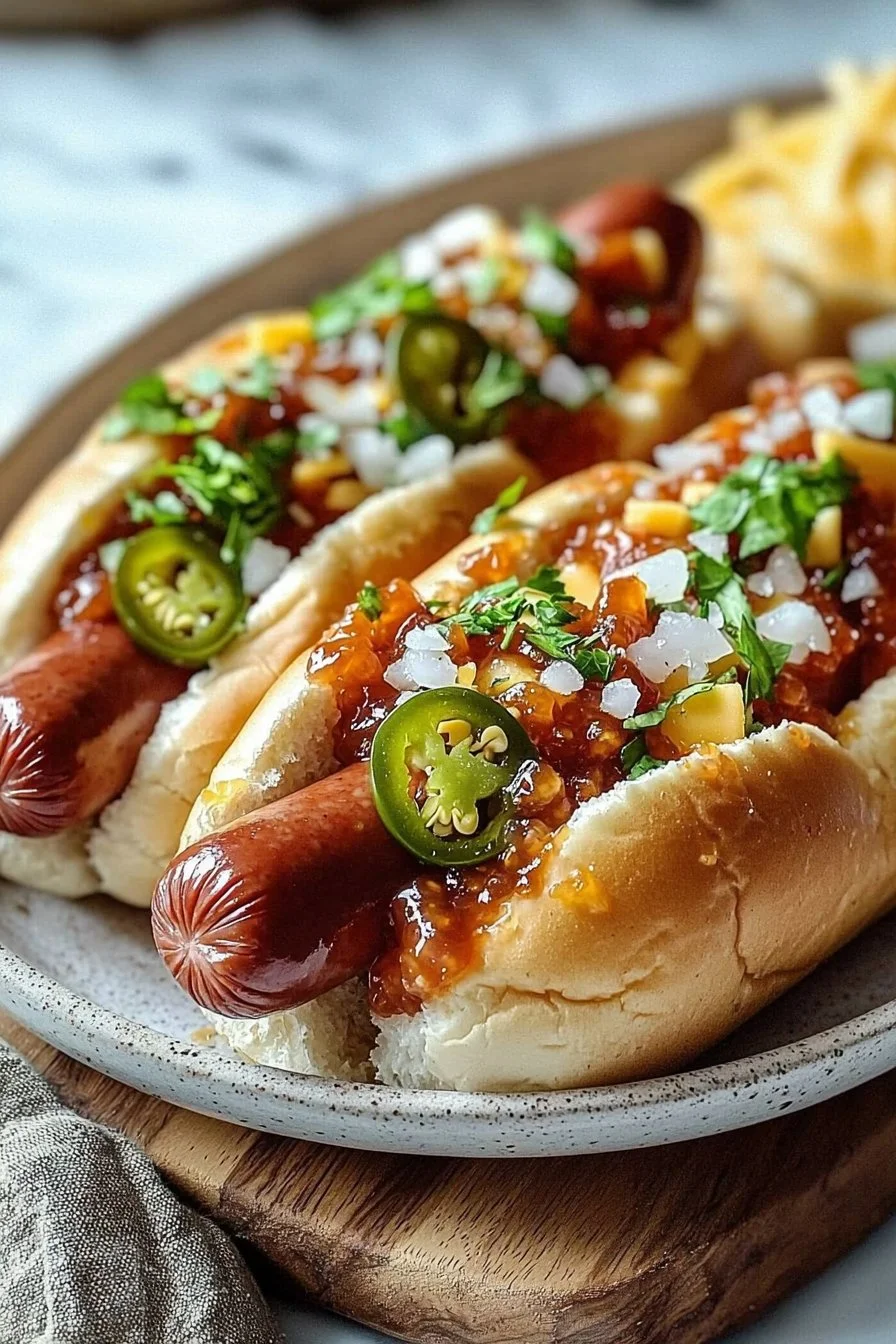 Firecracker beef hot dogs served on a grill with toppings