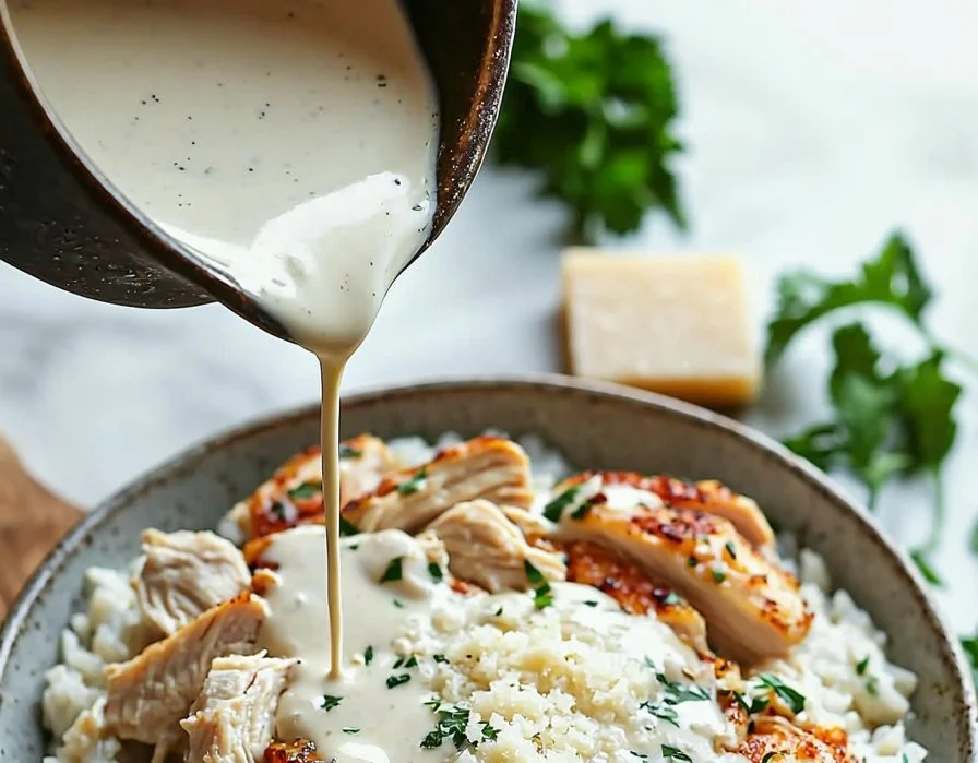 Flavorful chicken rice bowl with creamy garlic sauce served in a bowl