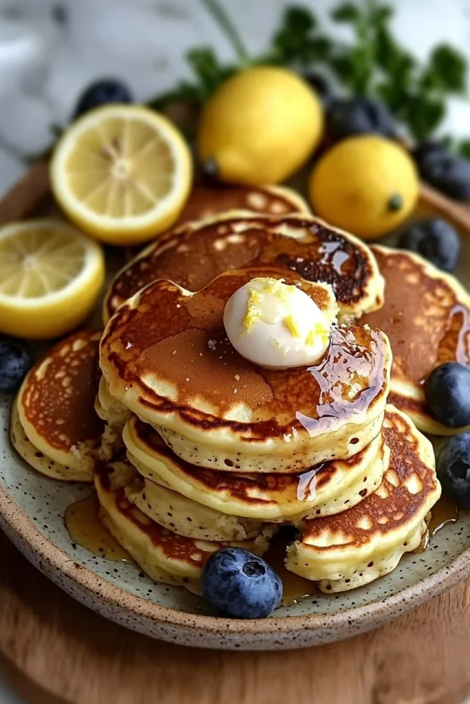 Delicious fluffy lemon pancakes stacked on a plate with lemon slices