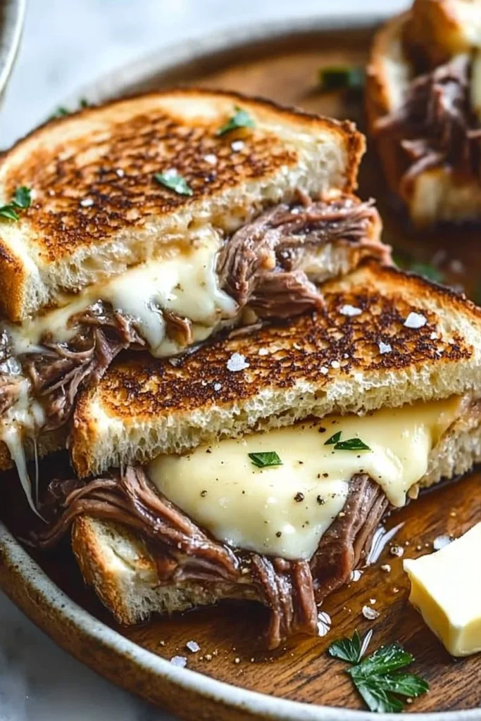Mouthwatering French Dip Grilled Cheese sandwich on a plate with dipping sauce
