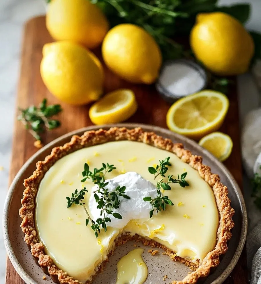 Delicious French lemon cream tart topped with fresh lemon zest and berries