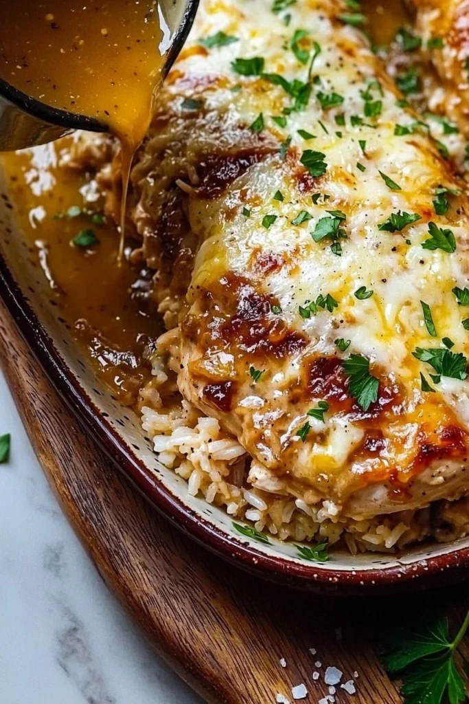 Delicious French onion chicken casserole topped with melted cheese and crispy onions.
