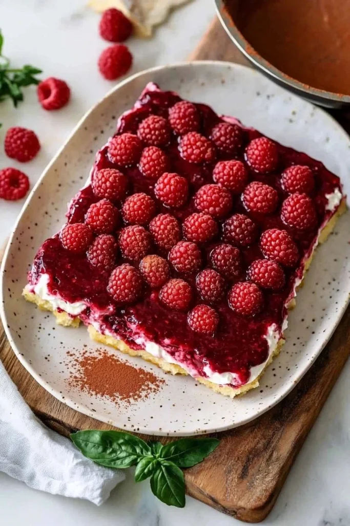 Delicious Fresh Raspberry Tiramisu dessert plated with fresh raspberries and cream.
